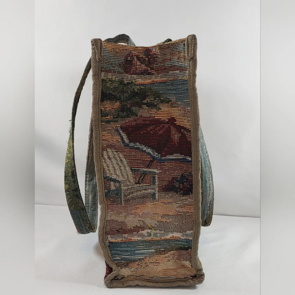Jade Vintage Multicolor Coastal Beach Scene Tapestry Tote E/ Coin Purse